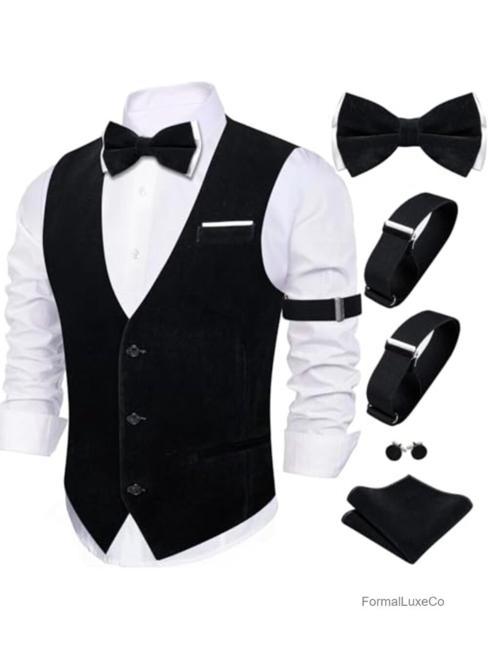 Mens Velvet Suit Vest Formal Waistcoat Bowtie Set 6PCS Slim Fit